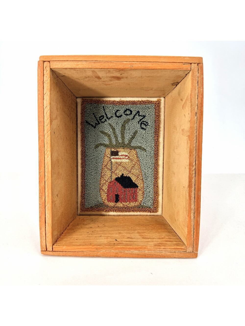 Handmade Needlepoint Wall Art WELCOME Wood Framed USA Flag Red Barn Farmhouse